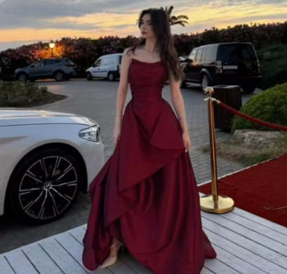 Modest Ball Gown Strapless Burgundy Satin Prom Dresses Long Party Dress Evening Dresses AC020