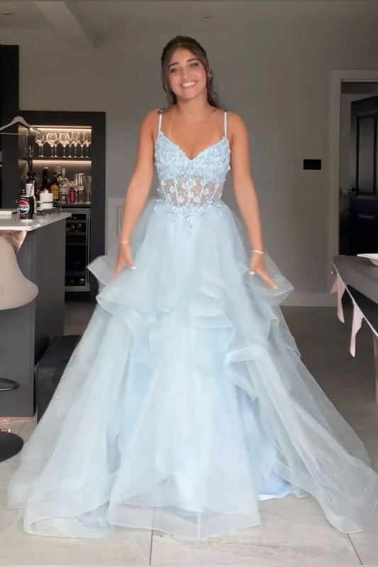 Unique Ball Gown Spaghetti Straps Light Sky Blue Lace Prom Dresses Formal Long Tiered Evening Party Gowns Vestidos De Dia AB568