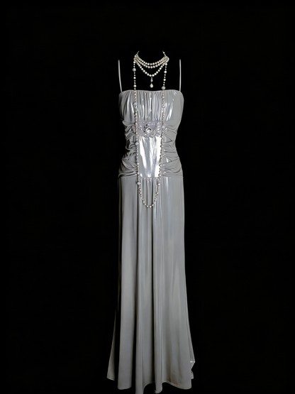 Simple A Line Spaghetti Strap Grey Senior 80s Prom Dresses High School Long Formal Dress N1334