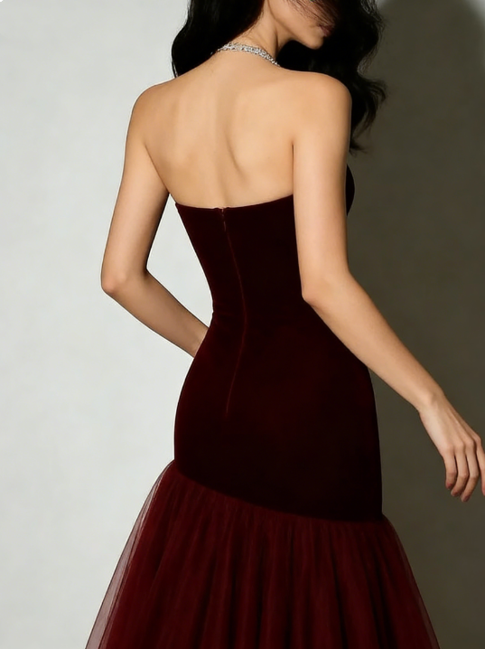 Vintage Mermaid Strapless Burgundy Tulle Long Prom Dresses For Teens Formal Dress 20th Birthday Outfits Prom Gown RB1628