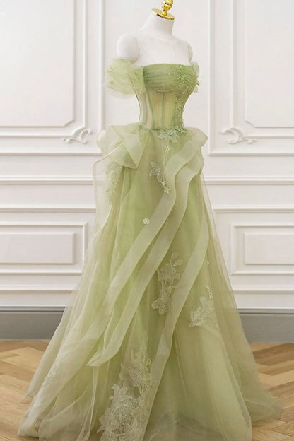 Elegant Sage Green Tulle Lace Prom Dress Off The Shoulder Long Evening Party Dress Prom Gowns AB327
