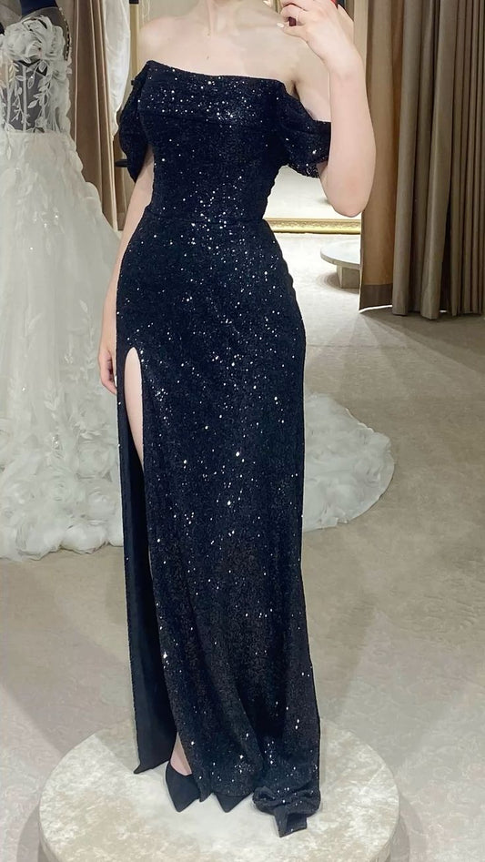 Sparkly Trumpet/Mermaid Off The Shoulder Sweep Train Navy Blue Sequins Prom Dresses With Slit Formal Dresses Party Dress AB665