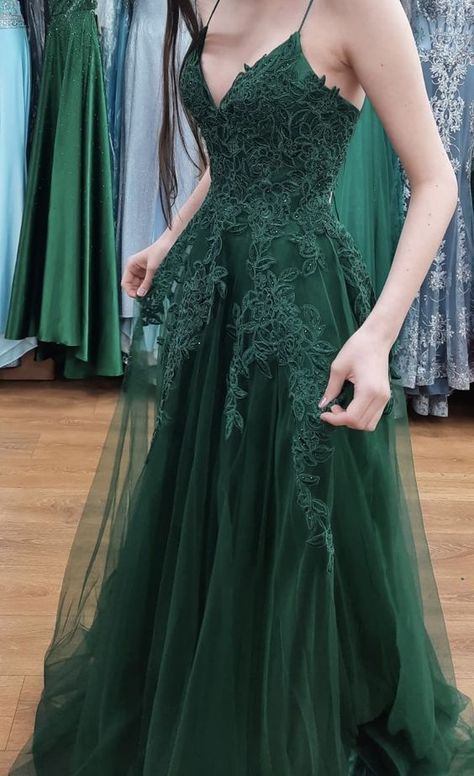 Modest tulle long A line spaghetti straps dark green prom dress with lace Formal Party Gown AB461