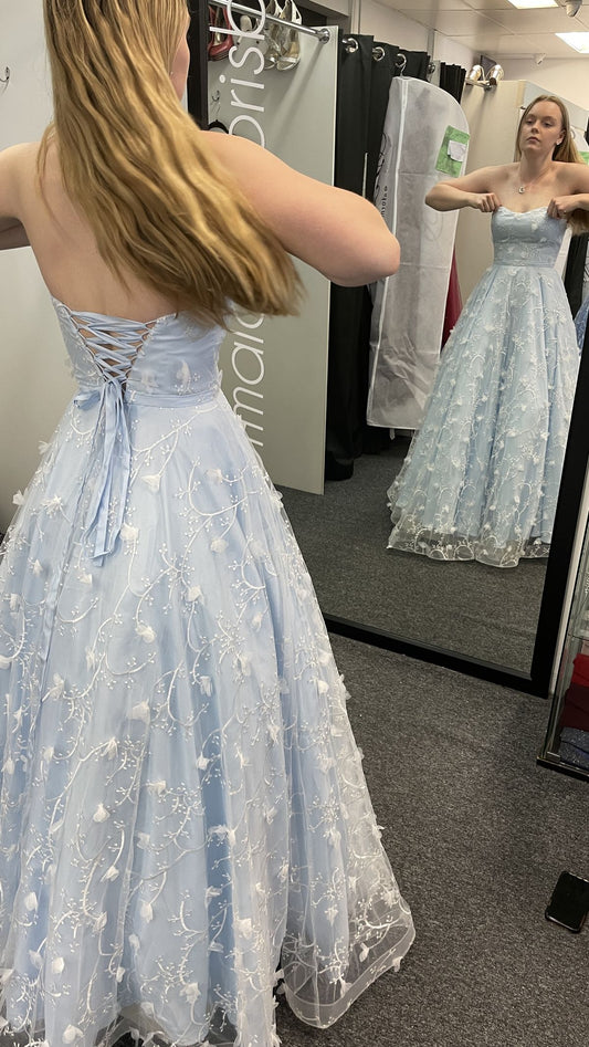 Modest A Line Sweetheart Light Sky Blue Tulle Lace Prom Dresses Long Party Dress Evening Dresses AB1101