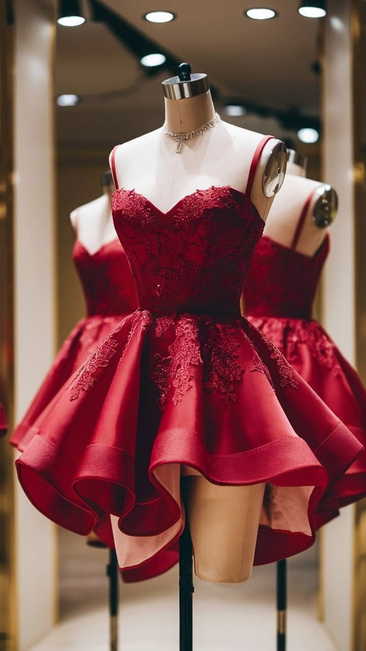 Glamorous Ball Gown Spaghetti Strap Red Semi-formal With Lace 12th Grad Short Inspo Homecoming Dresses RB4448