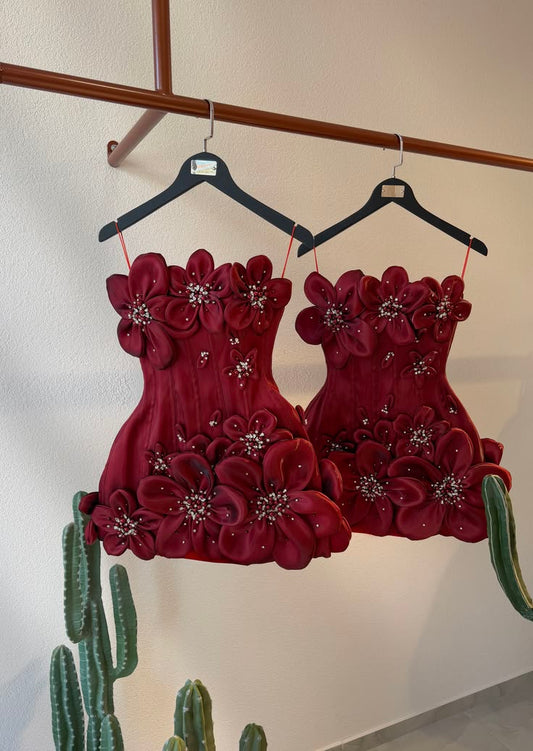 Sexy Sheath Tight Bodycon Strapless Burgundy Wine Red Satin With 3D Flowers Mini Short Inspo Hoco Dress Ideas Homecoming Dresses RB4103