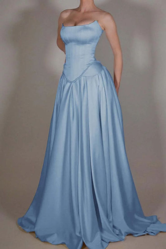 Charming A line Strapless Blue Satin Long Party Dresses Prom Dresses Impress Wedding Guest Dress N894