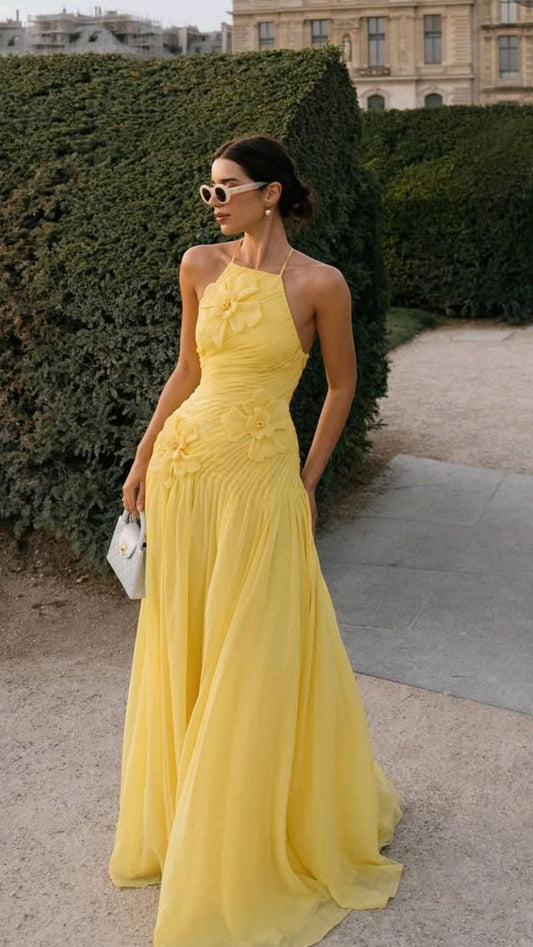 Elegant A line Halter Yellow Prom Dresses Chiffon Pleated Ruffle Formal Evening Dress Party Gowns AB416