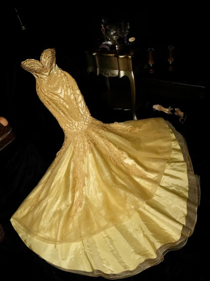 Glamorous Mermaid Sweetheart Gold Tulle High School Dances Prom Dresses 8th Grade Formal Outfits Evening Dress RB8457
