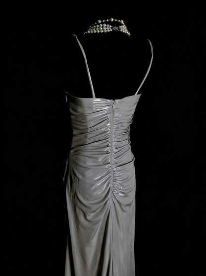 Simple A Line Spaghetti Strap Grey Senior 80s Prom Dresses High School Long Formal Dress N1334