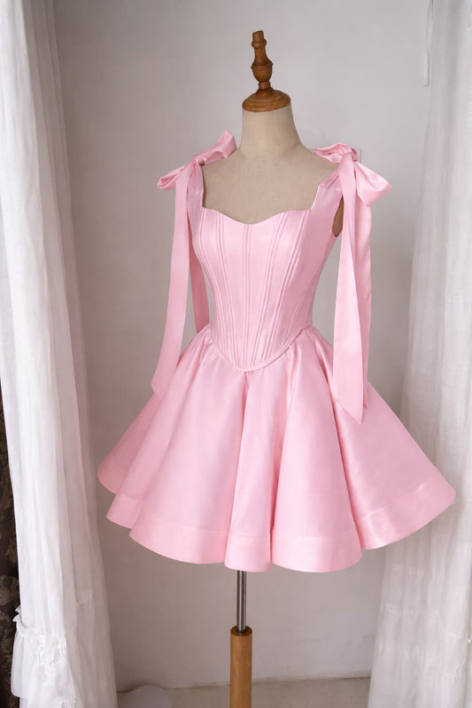 Sweet Ball Gown Straps Pink With Bow Satin 12th Grad Short Mini Aesthetic Homecoming Dresses RB4411