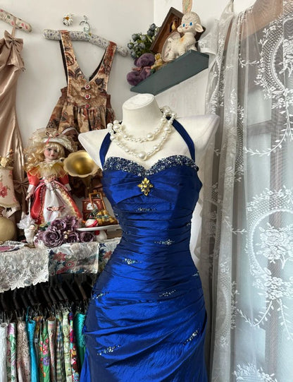 Vintage Halter Sheath Long Prom Dresses Beaded Satin Blue Evening Dresses Sleeveless Birthday Dresses N783