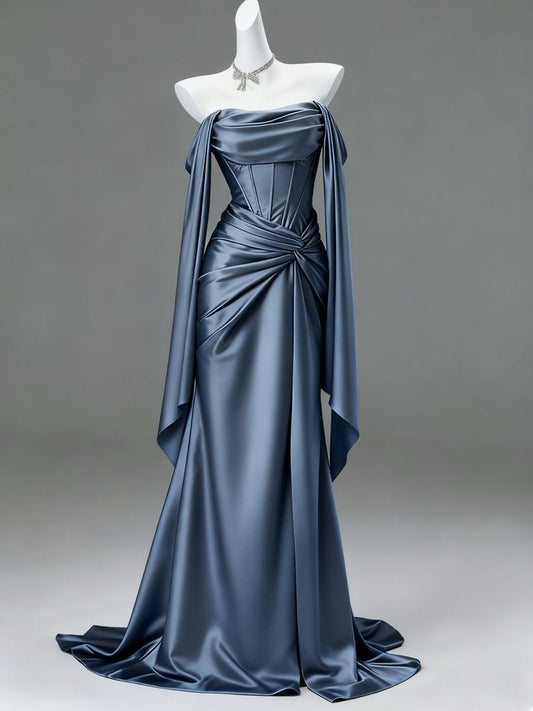 Stunning Mermaid Off The Shoulder Dusty Blue Long Sleeves Pleated Prom Dresses Inspiration Princess Graduation Dress N719