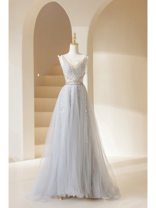 Cute A Line V Neck Silver Gray Tulle Long Prom Dresses Impress 19th Birthday Outfits Prom Gown AB868