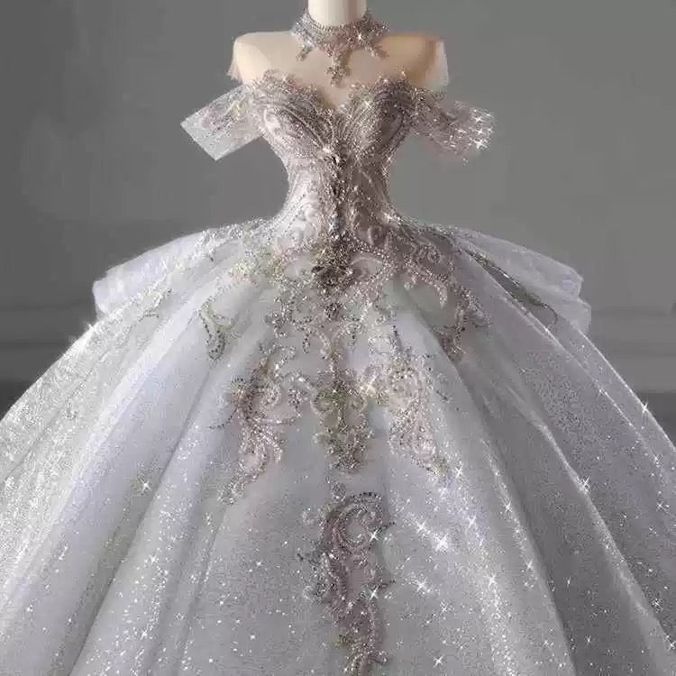 Sparkle Ball Gown Off The Shoulder Sequin Short Sleeves White Silver Beaded Wedding Dress Long Bridal Gown Wedding Dresses Ideas DH2899