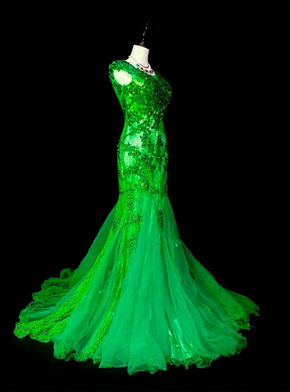 Vintage Mermaid Scoop Neck Green Lace Appliques Senior Prom Dresses High School Long Formal Dress N1292