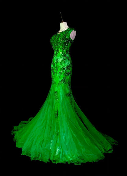 Vintage Mermaid Scoop Neck Green Lace Appliques Senior Prom Dresses High School Long Formal Dress N1292