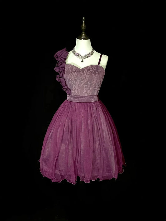 Vintage Ball Gown One Shoulder Purple Tulle Inspo 2000s Hoco Gowns Short Inspo Homecoming Dresses N1355