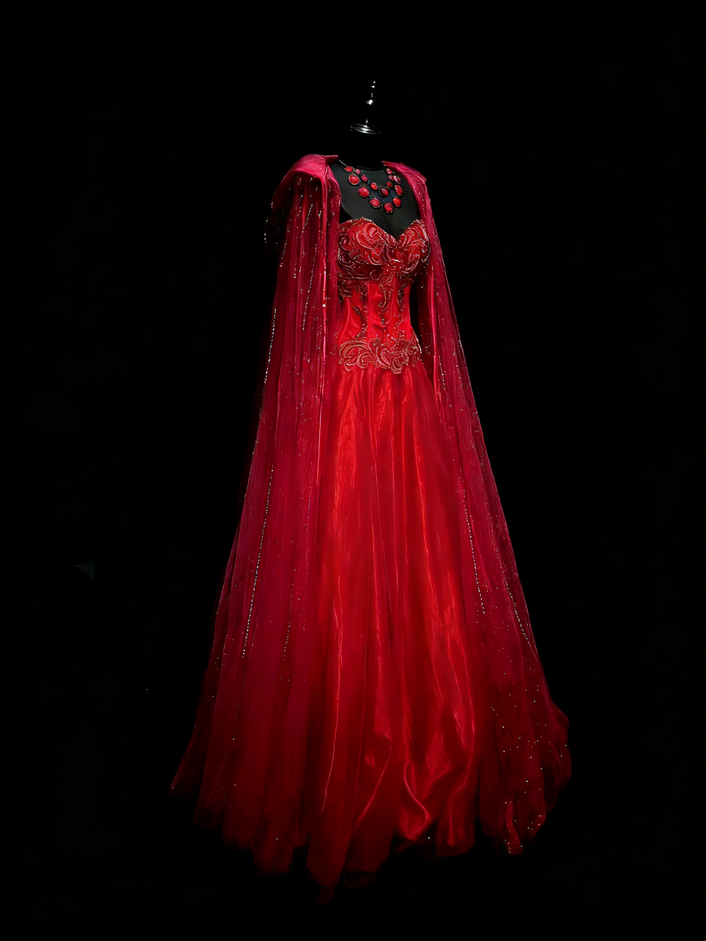 Elegant Ball Gown Sweetheart Red Tulle With Cape Beadings Floor Length Inspiration Long Prom Dresses N1196