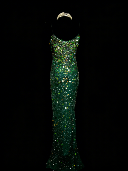 Vintage Mermaid Spaghetti Straps Green Sequin With Beads Bodice College Formal Outfit Long Prom Graduation Dresses For Teens N1305