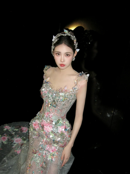 Shimmer Mermaid Scoop Neck Floral Sequin Lace Wedding Dress With Train Fairytale Brides Gown Wedding Dresses N062
