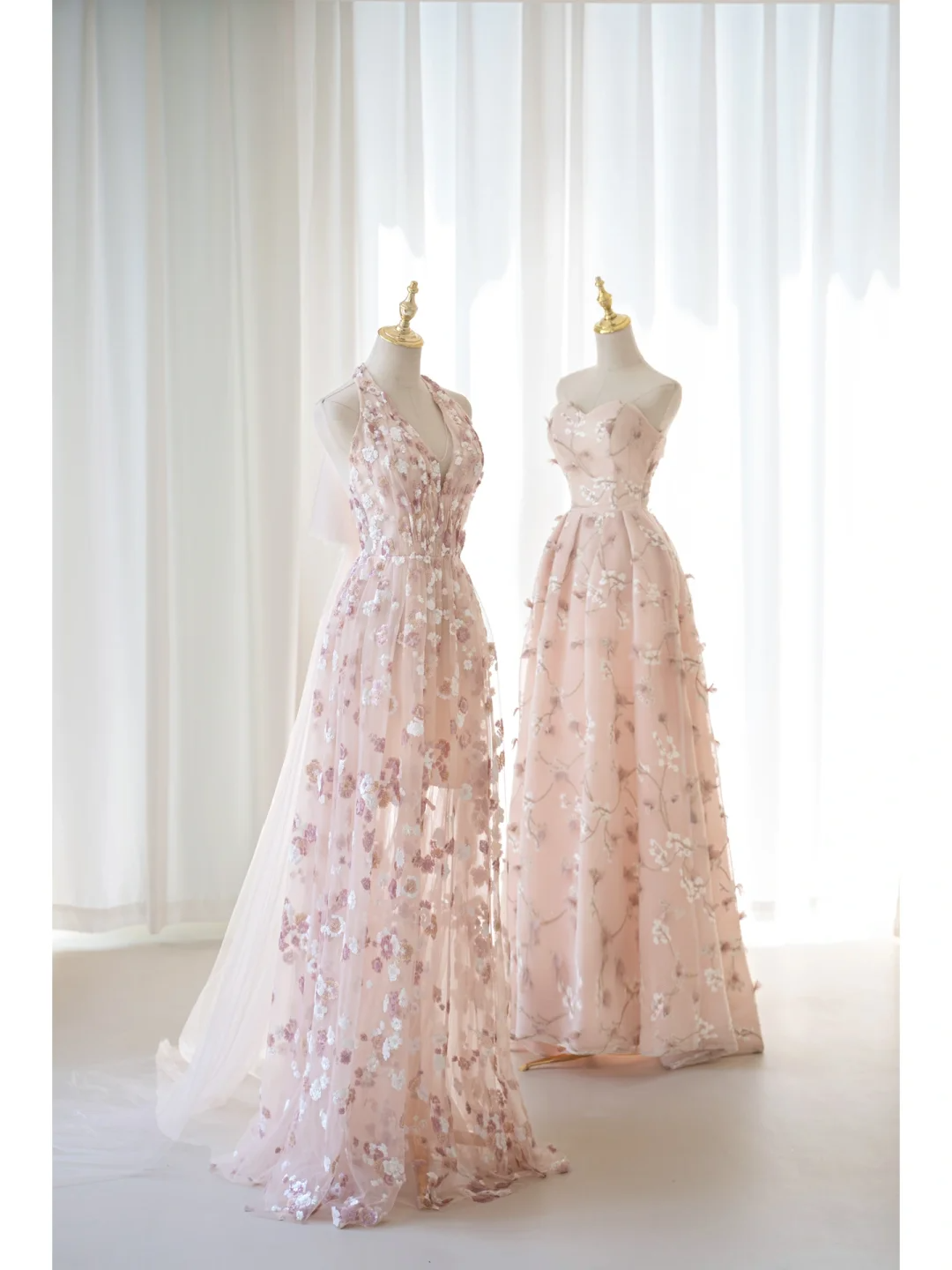 Cute A line Halter Floral Tulle Pink Long Prom Dresses Impress 19th Birthday Outfits Prom Gown AB1004