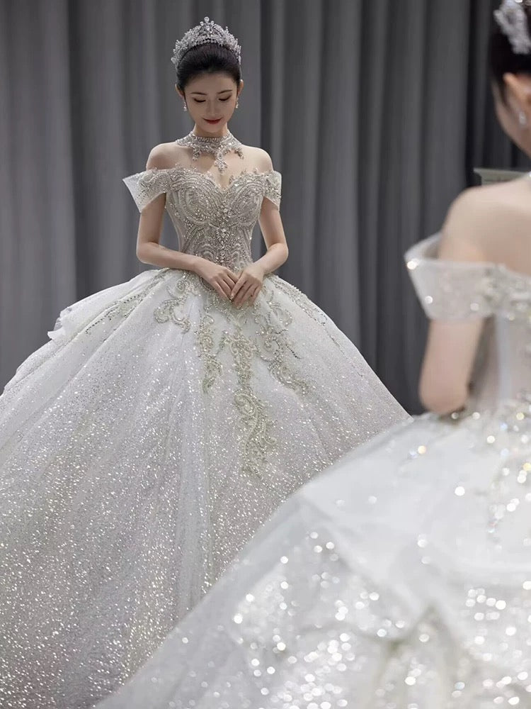 Sparkle Ball Gown Off The Shoulder Sequin Short Sleeves White Silver Beaded Wedding Dress Long Bridal Gown Wedding Dresses Ideas DH2899