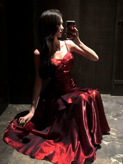 Stunning Mermaid Spaghetti Straps Burgundy Satin Long Prom Dresses Inspiration Prom Gowns RB1331