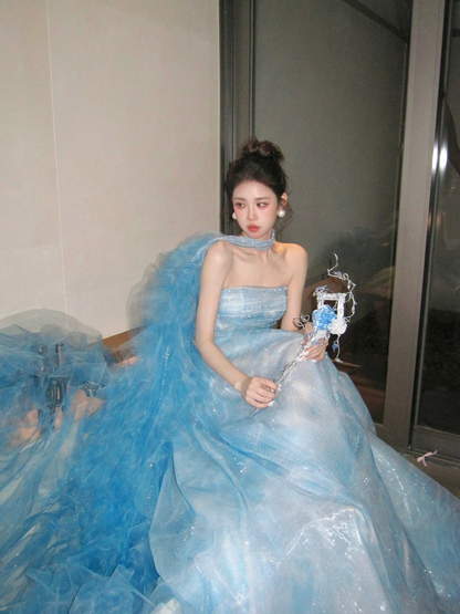 Modest Ball Gown Strapless Ice Blue With Long Cape Tiered Layered Prom Dress Aesthetic Long Graduation Evening Outfits N057