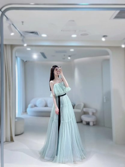 Cute Ball Gown Off The Shoulder Mint Green Tulle Long Prom Dresses Impress 18th Birthday Outfits Prom Gown AB858