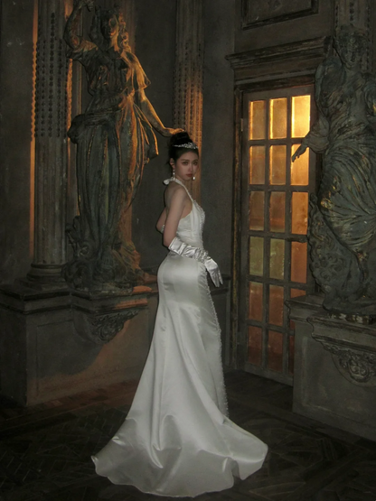 Sexy Mermaid Halter White Wedding Dress With Pearls Fairytale Brides Gown Wedding Dresses N068