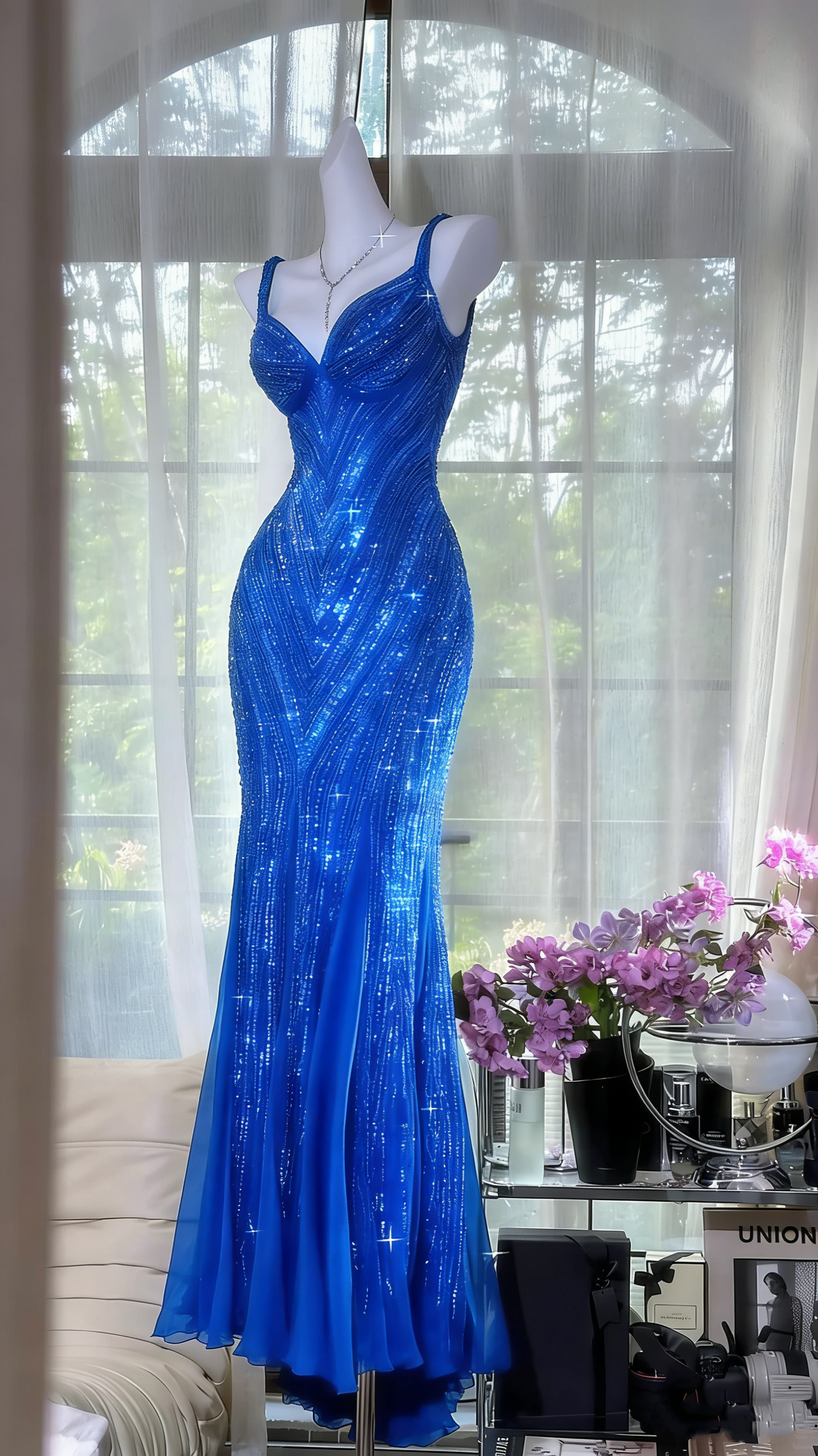 Sexy Mermaid Spaghetti Straps Grape Sequins Slit Long Prom Dresses Inspiration Party Dress 21st Birthday Outfit Graduation Dress RB1196