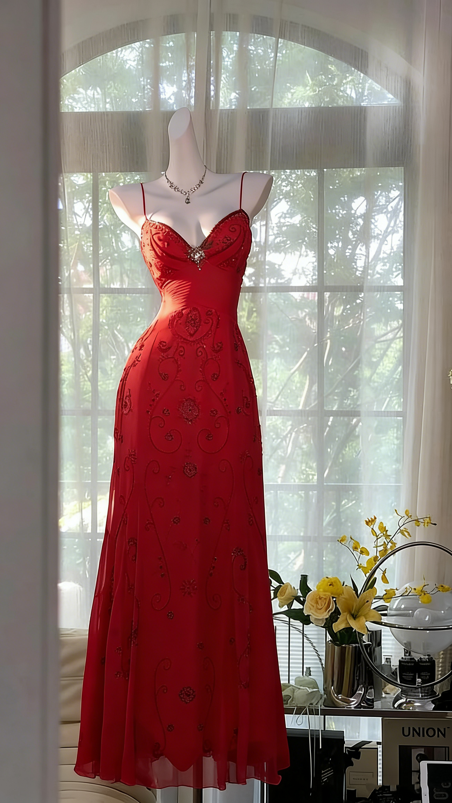 Classy A Line Spaghetti Strap Red Chiffon Senior Prom dresses High School Long Formal Dresses N1241