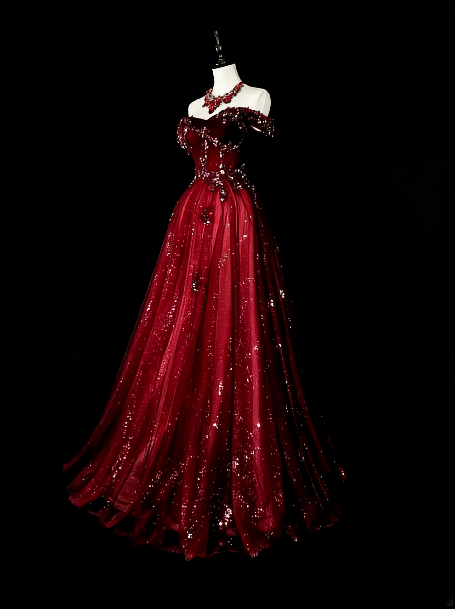 Vintage Prom Dresses Aesthetic 1950s Retro Classy Ball Gown Off The Shoulder Burgundy Long With Appliques N1995