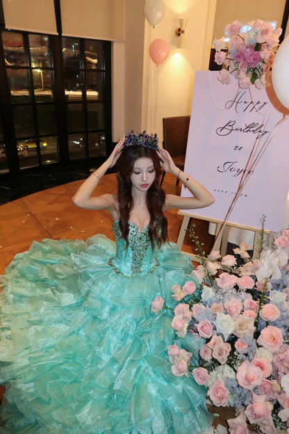 Elegant Ball Gown Sweetheart Blue With Silver Beading Tiered Prom Dresses Formal Outfits Evening Night Dress RB8248