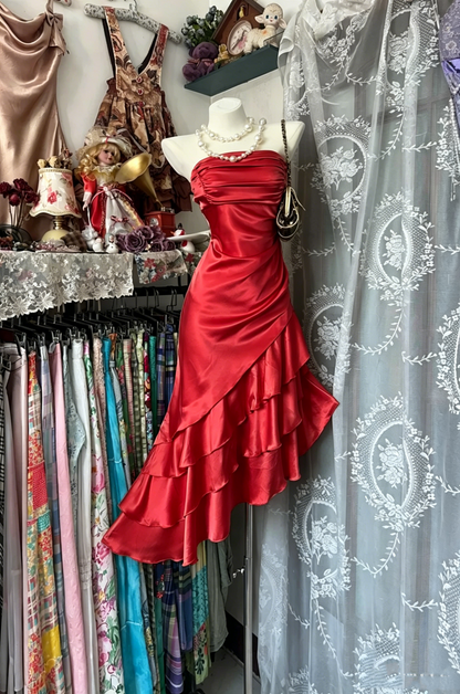 Vintage Mermaid Strapless Champagne Satin Mid Length Graduation Birthday Outfits Homecoming Dresses N3740