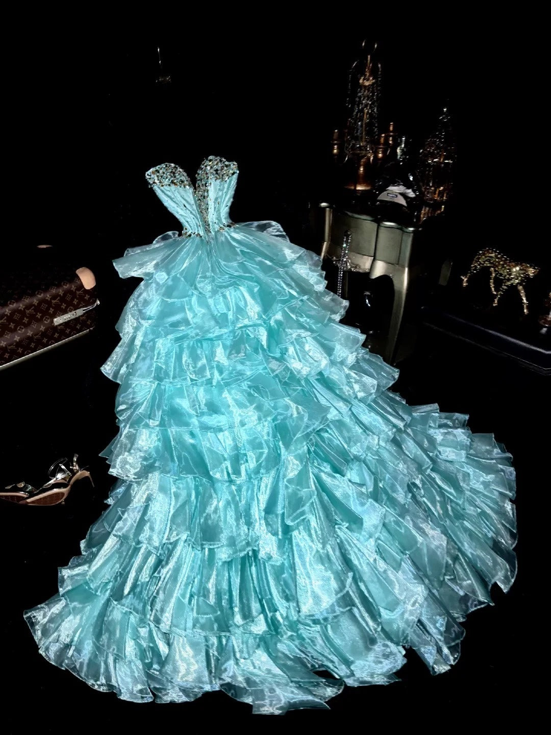 Elegant Ball Gown Sweetheart Blue With Silver Beading Tiered Prom Dresses Formal Outfits Evening Night Dress RB8248