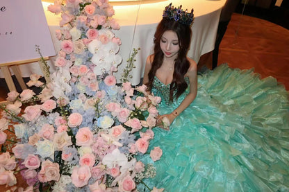 Elegant Ball Gown Sweetheart Blue With Silver Beading Tiered Prom Dresses Formal Outfits Evening Night Dress RB8248