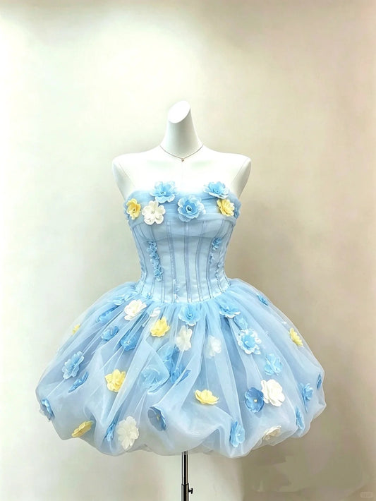 Flirty Short Homecoming Dresses Ball Gown Strapless Light Blue Organza Semi Formal Graduation Mini Hoco Outfit RB4713