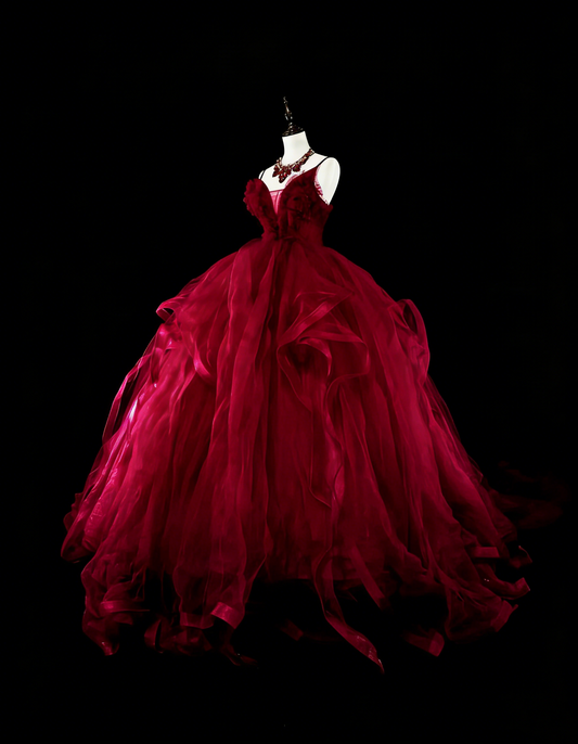 Elegant Ball Gown Spaghetti Strap Burgundy Tulle Inspiration Long Prom Dresses Sweet 16 Dress N1826