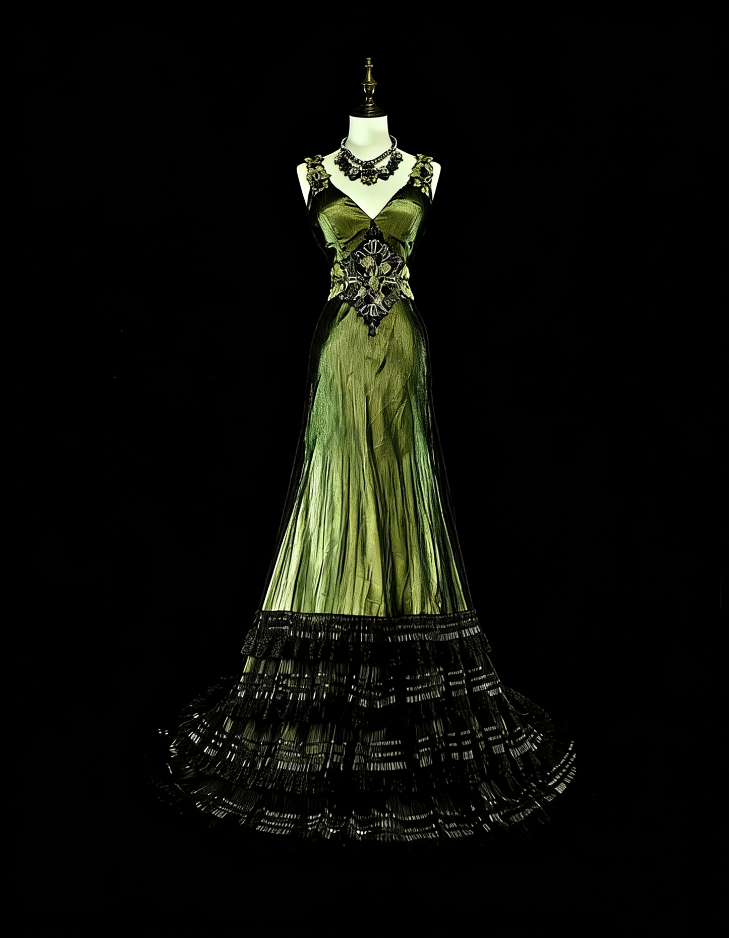 Vintage Prom Dresses Mermaid V Neck Olive Green Black Tulle With Beaded 90s Long Formal Gown N2716