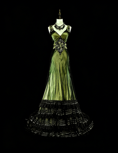 Vintage Prom Dresses Mermaid V Neck Olive Green Black Tulle With Beaded 90s Long Formal Gown N2716