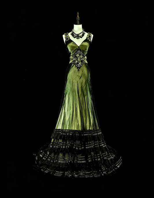 Vintage Prom Dresses Mermaid V Neck Olive Green Black Tulle With Beaded 90s Long Formal Gown N2716