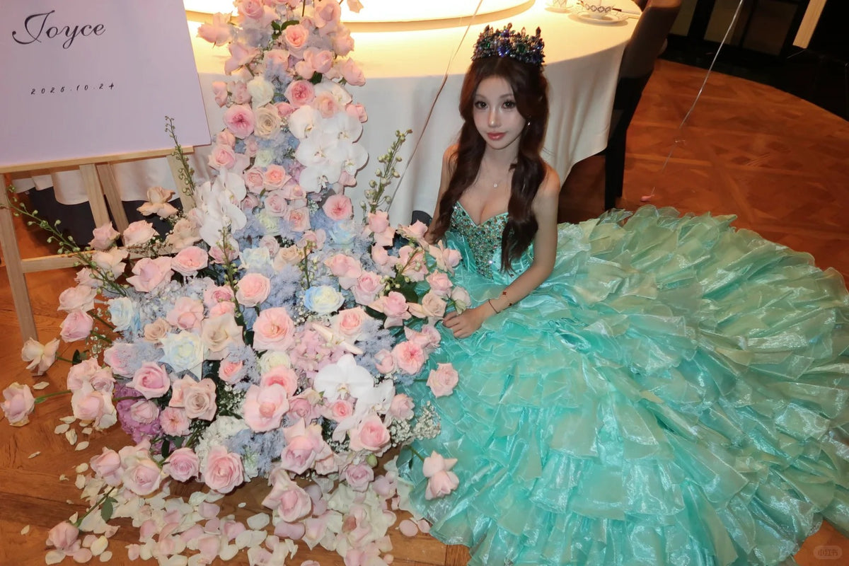 Elegant Ball Gown Sweetheart Blue With Silver Beading Tiered Prom Dresses Formal Outfits Evening Night Dress RB8248