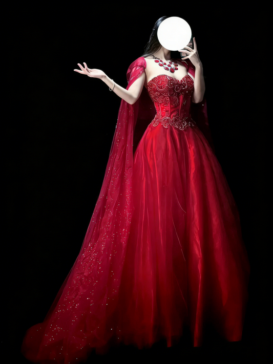 Elegant Ball Gown Sweetheart Red Tulle With Cape Beadings Floor Length Inspiration Long Prom Dresses N1196