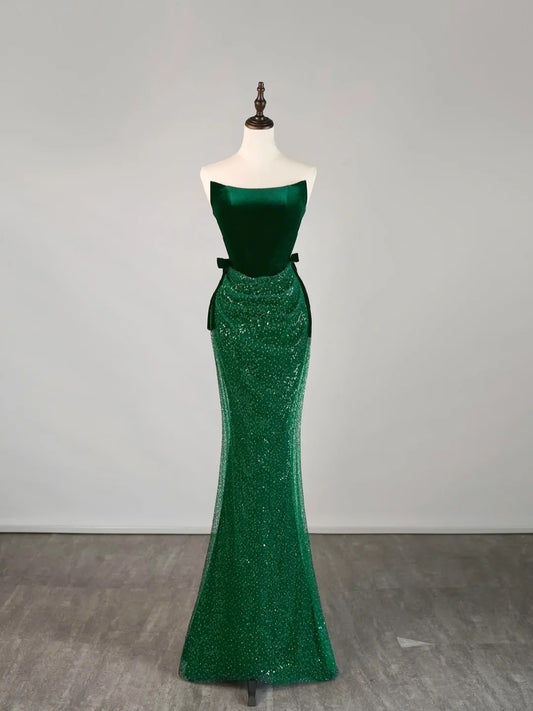 Stunning Prom Dresses Mermaid Strapless Green Sequin Long Formal Dress N2491