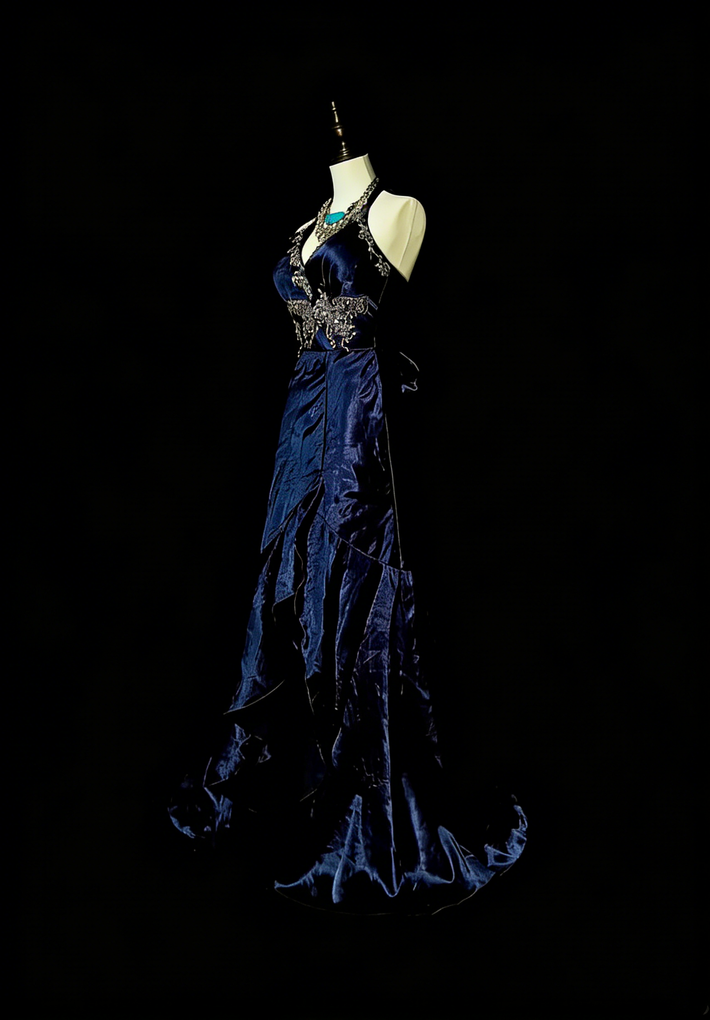 Vintage Mermaid Halter Navy Blue With Beaded Long Summer Black Tie Prom Dresses Spring Formal Party Dress N1421