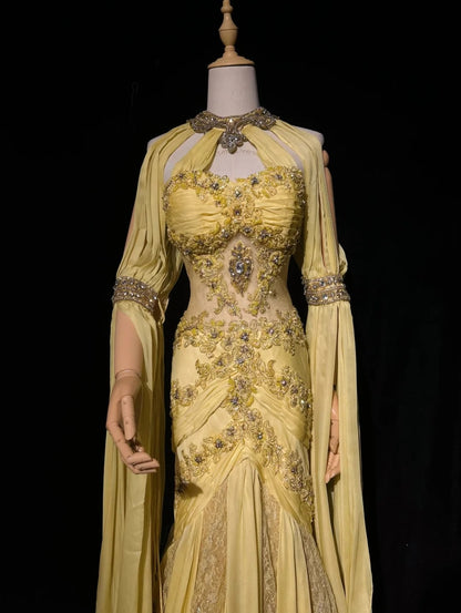 Yellow Prom Dress Inspo Mermaid Halter Chiffon Lace Satin With Beading 18th Birthday Outfits Formal Party Gown RC0117