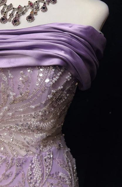 Vintage Prom Dresses Inspo Mermaid Strapless Lilac Sequined With Slit Beads 80s Long Formal Gown N2742