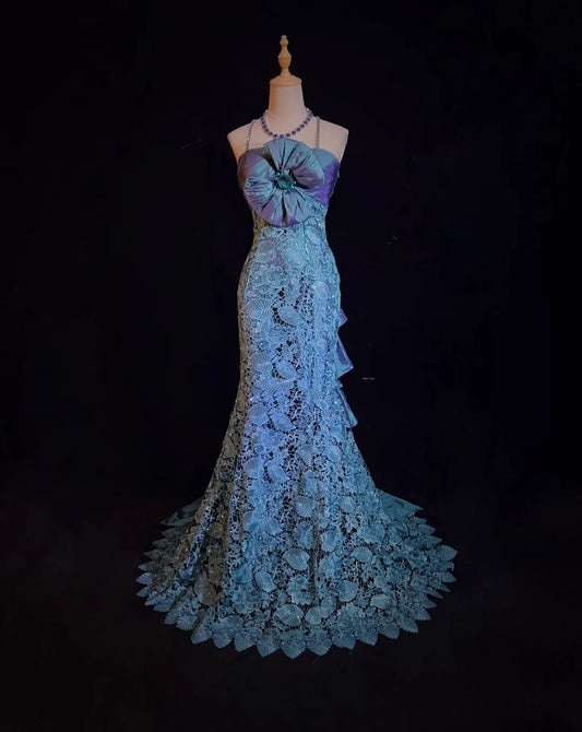 Vintage Prom Dresses Mermaid Spaghetti Strap Lace With Bow-knot 90s Long Formal Gown N2893